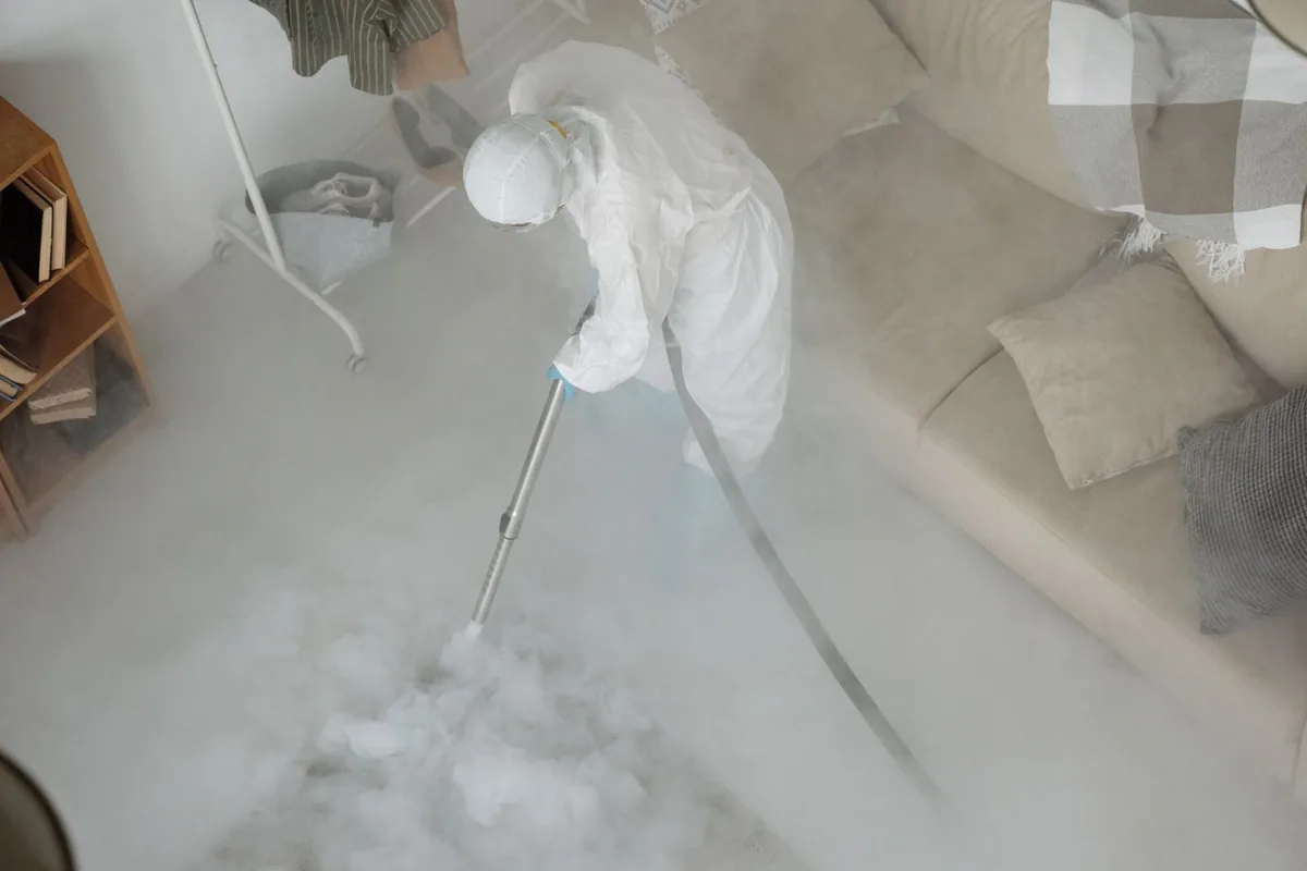 Biohazard cleanup technician in protective equipment, Lakeview Estates, GA